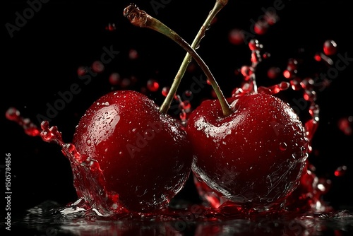 Fresh cherries splashing in red juice on black background.