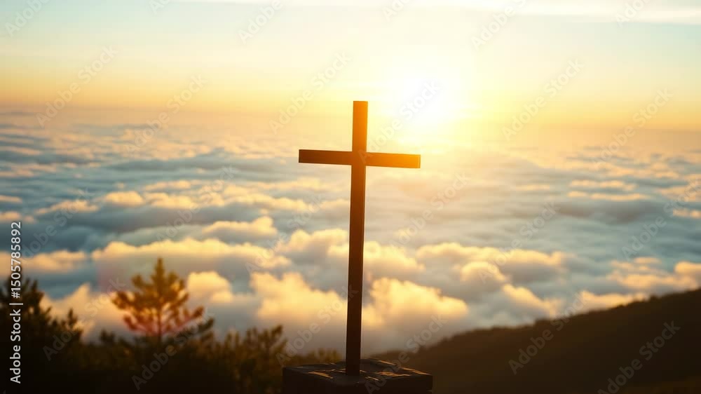 Christian cross in the glow of the sun mountain landscape above the clouds Christian cross in the glow of the sun mountain landscape above the clouds