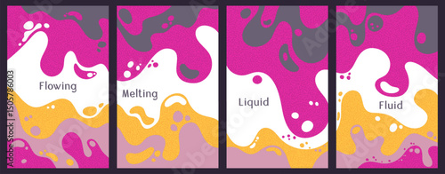 Melting colorful waves pattern summer banners. Bubble splashes and streams vector templates set. Fluid liquid flowing paint flyers. Wavy surface leaflets. Fluid droplets, melting shapes