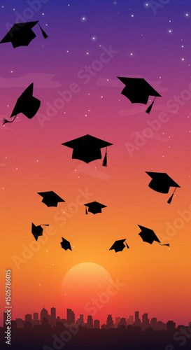 Graduation Celebration: Caps Tossed Against a Vibrant Sunset