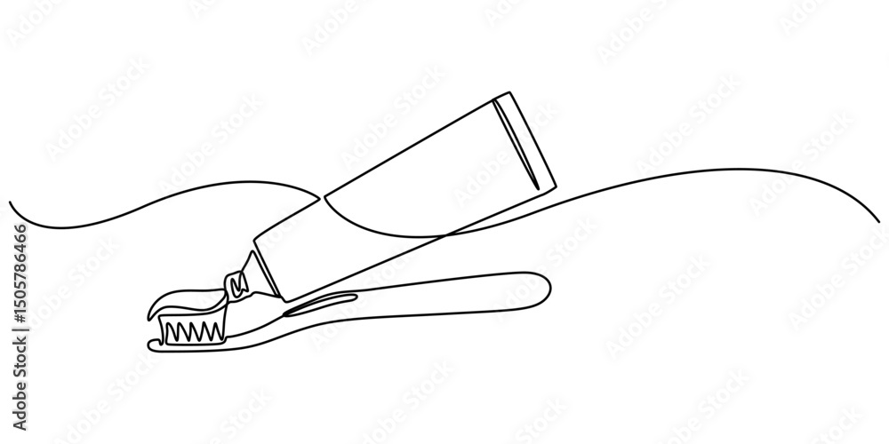 Obraz premium Continuous one line drawing of brush with toothpaste. Vector illustration, Single line drawing illustration of Tooth paste with brush. Branding oral care products concept vector art. Doodle line. 