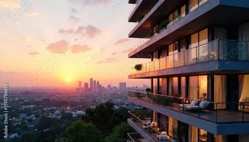 Luxury condo building exterior, modern architecture, city skyline view, sunrise, glass facade, balconies, urban development, residential, real estate , purchase, building exterior, concrete