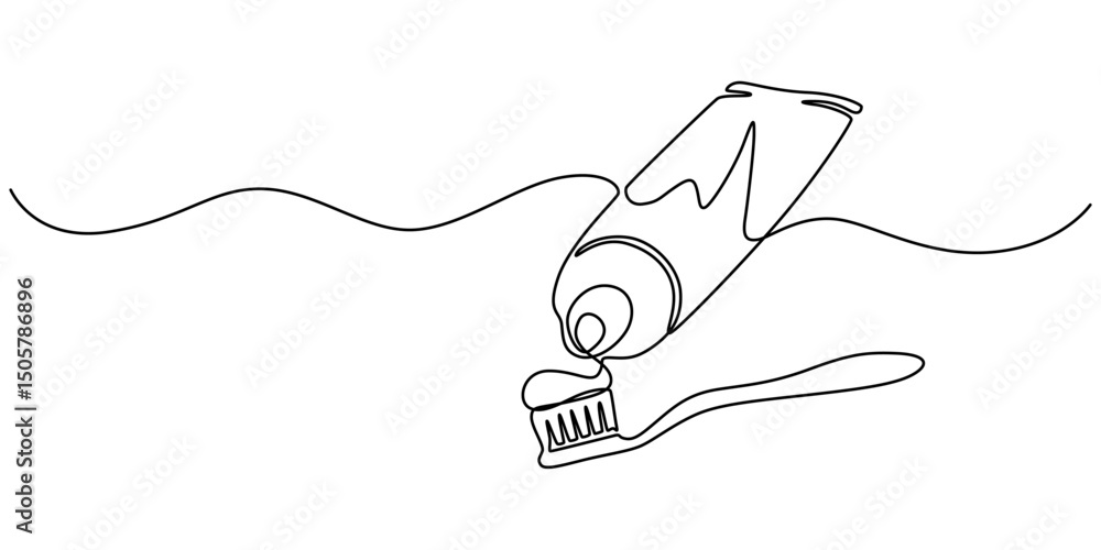 Obraz premium Continuous one line drawing of brush with toothpaste. Vector illustration, Single line drawing illustration of Tooth paste with brush. Branding oral care products concept vector art. Doodle line. 