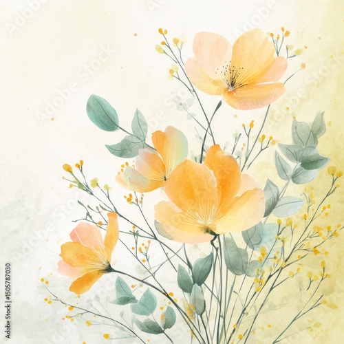 Wallpaper Mural Springtime Watercolor Pastel Flowers with Foliage on a Gradient Background Torontodigital.ca