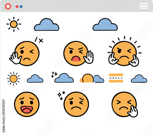 Various emoticons expressing different feelings in web browser interface vector illustration 