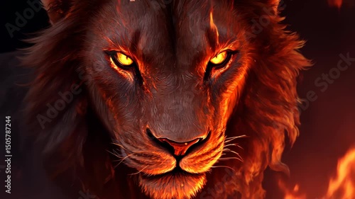 Fiery lion animation breathing flames with intense glowing eyes in dramatic closeup