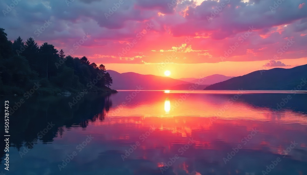 Fototapeta premium Serene sunset over a calm lake, reflecting vibrant colors in the still water Perfect for travel, nature, and tranquility-themed projects , horizon, background, wilderness