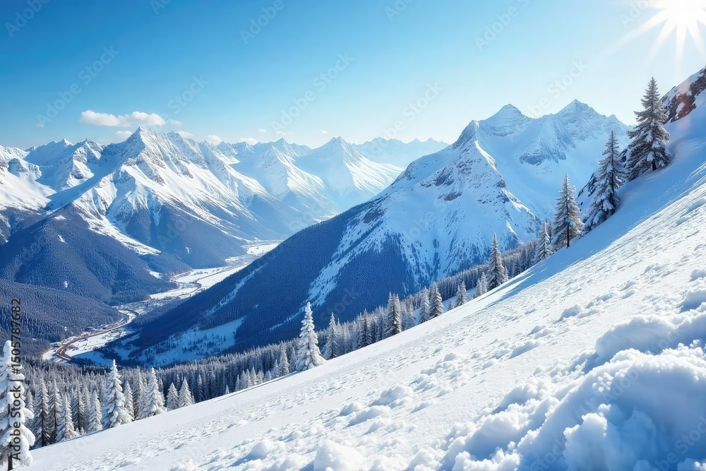 Fototapeta premium Stunning panoramic view of pristine snow-covered mountain slopes, perfect for skiing Sunlight glistens off the untouched powder, creating a breathtaking winter wonderland , ski run, white