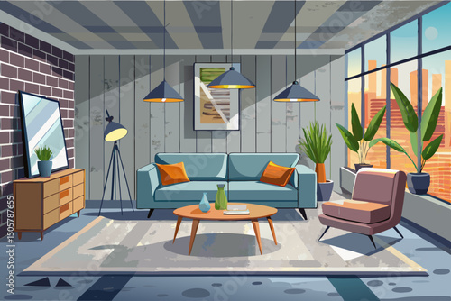 vector of A modern contemporary living room with concrete walls, designer furniture and soft lighting