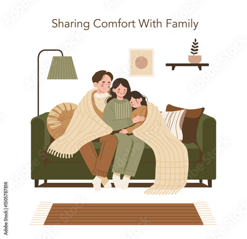Family Bonding Through Cozy Cuddle on Couch