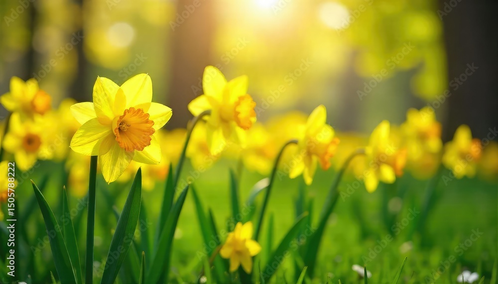 Vibrant yellow daffodils blooming in a lush green field, bathed in the warm spring sunlight Perfect for spring themes, Easter, and nature imagery , springtime, elegant Vibrant yellow daffodils blooming in a lush green field, bathed in the warm spring sunlight Perfect for spring themes, Easter, and nature imagery , springtime, elegant