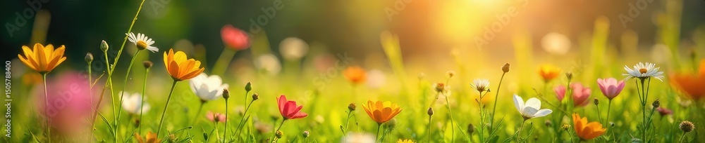 Fototapeta premium A vibrant meadow explodes with wildflowers in the springtime, bathed in the warm glow of the sun Delicate blooms and lush green grass create a breathtaking natural scene , colorful, plant