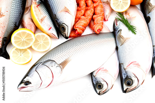 Fresh Seafood Display with Fish, Shrimp, and Lemon on White Background