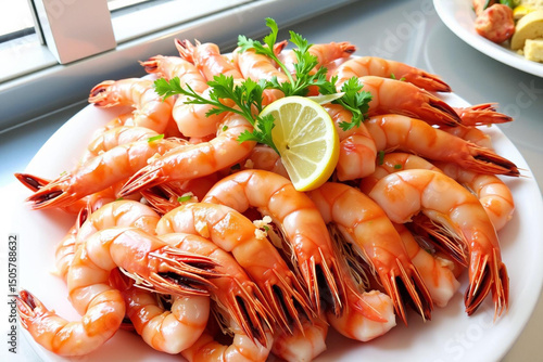 Steamed Shrimp with Lemon and Parsley on a White Plate by the Window