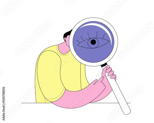 A man with a magnifying glass is looking for something. Vector illustration. Icon for marking pages on the topic of searching for the necessary information. cartoon style