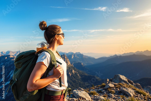 Woman Hiker Stands on Mountain Summit at Sunset