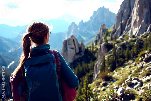 Serene Hiker Overlooking Breathtaking Mountain Landscape on a Sunny Day