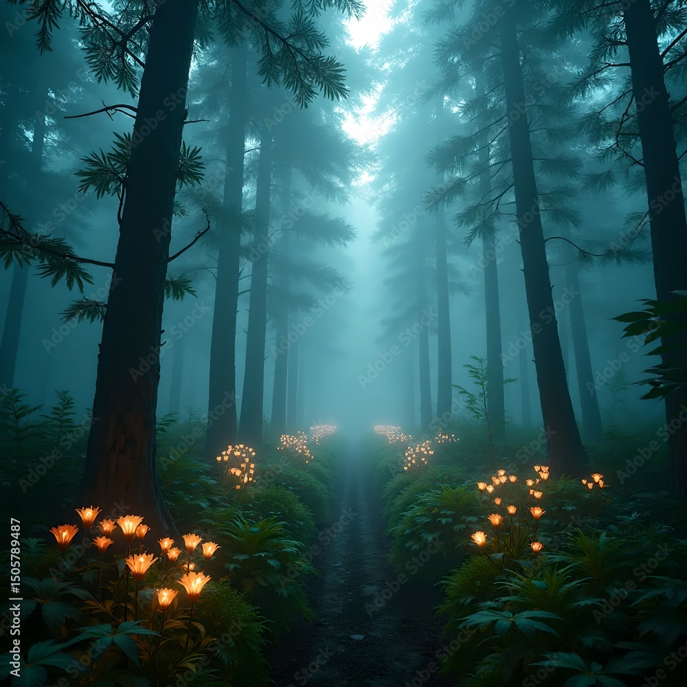 Obraz premium A magical, misty forest path illuminated by glowing flowers at dawn, creating a fairytale-like atmosphere.