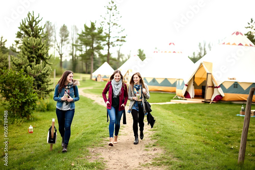 Three friends strolling towards a vibrant festival campsite on a sunny day