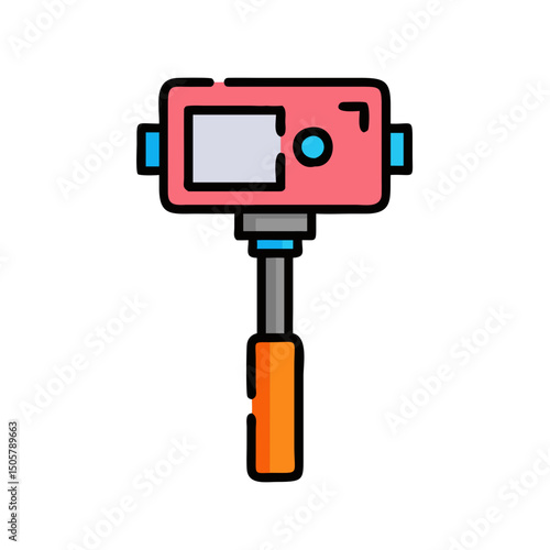 Red action camera on selfie stick icon illustration