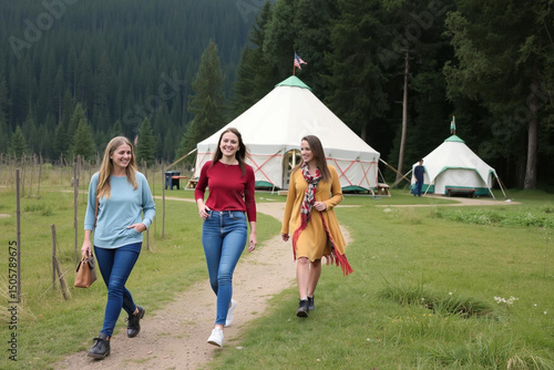 Three friends stroll through a serene glamping site amidst a forest