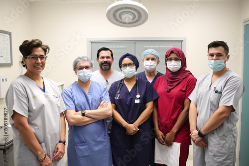 Medical team in scrubs and masks posing in a hospital setting confidently united