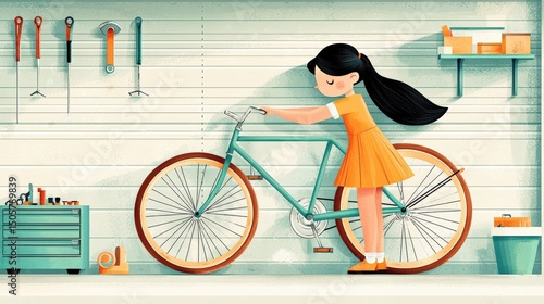 Girl in orange dress repairing teal bicycle chain in organized garage with tools on wall