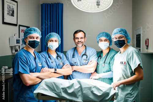 Medical team standing confidently around a hospital bed in a sterile operating room environment