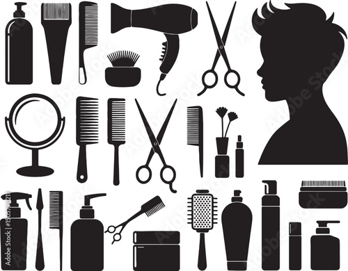 Hair salon tools and products black silhouettes