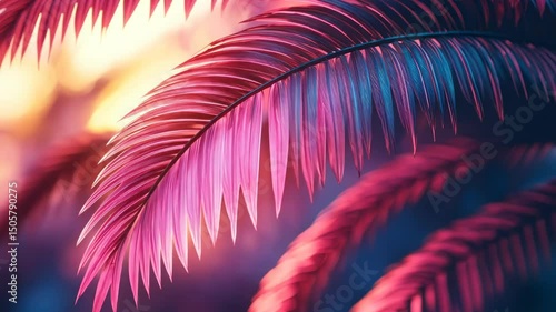 Vibrant pink and blue palm fronds at sunset