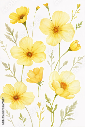 A soft and graceful watercolor pattern featuring delicate yellow flowers and gentle green leaves, capturing the quiet beauty of springtime blooms.