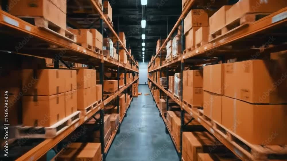 A walkthrough of a spacious warehouse in a bustling storage facility, showcasing rows of yellow boxes neatly organized on shelves. The lighting emphasizes the industrial environment. A walkthrough of a spacious warehouse in a bustling storage facility, showcasing rows of yellow boxes neatly organized on shelves. The lighting emphasizes the industrial environment.