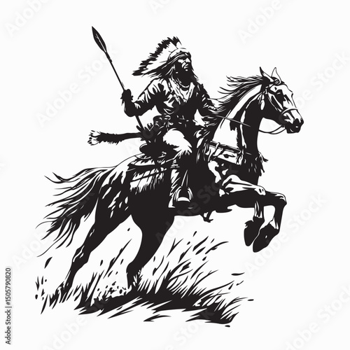 Silhouette of Native American Indian on horseback and spear ready vector