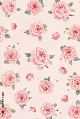  A delicate pattern of pink watercolor roses with green leaves on a soft pastel background, evoking timeless romance and vintage charm.