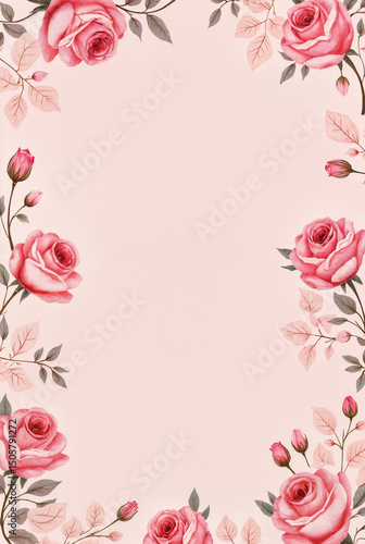  A delicate pattern of pink watercolor roses with green leaves on a soft pastel background, evoking timeless romance and vintage charm.