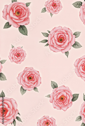  A delicate pattern of pink watercolor roses with green leaves on a soft pastel background, evoking timeless romance and vintage charm.