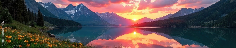 Obraz premium Awe-inspiring vista of a pristine mountain lake reflecting a vibrant sunset, surrounded by towering pines and wildflowers Tranquil nature scene, breathtaking landscape , stillness, lake, wildflowers
