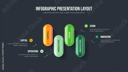Project Introduction Four Element Diagram Slide Template. Company Overview 4 Option Infographic Slideshow Layout. Modern Portfolio Presentation Design Vector Illustration.