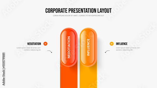 Company Innovation 2 Element Diagram Slide Layout. Visual Insight Presentation Template Vector Illustration. Market Growth Two Step Infographic Frame Design.