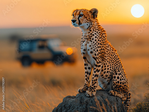A cheetah (Acinonyx jubatus) sitting on a tree trunk in the evening sun, AI generated