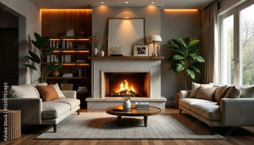 custom made wallpaper toronto digitalCozy living room interior with fireplace, warm lighting, comfortable furniture, and stylish decor Perfect for home, family, comfort, and relaxation themes , comfortable, minimalist