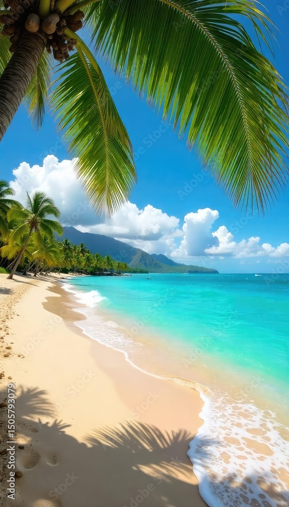 Fototapeta premium Golden sand, turquoise water, palm trees swaying gently in the Hawaiian breeze A perfect tropical beach scene, ideal for vacation or travel imagery Relaxing waves caress the shore , blue sky, travel