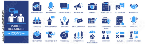 Public Relations icon set. Containing design Press Release, Microphone, Speech Bubble, Megaphone, Camera. Solid icon collection.