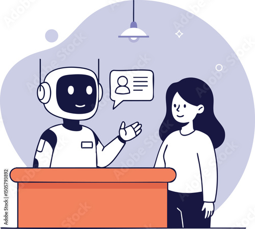 Robot receptionist assisting woman at desk in modern office vector illustration 
