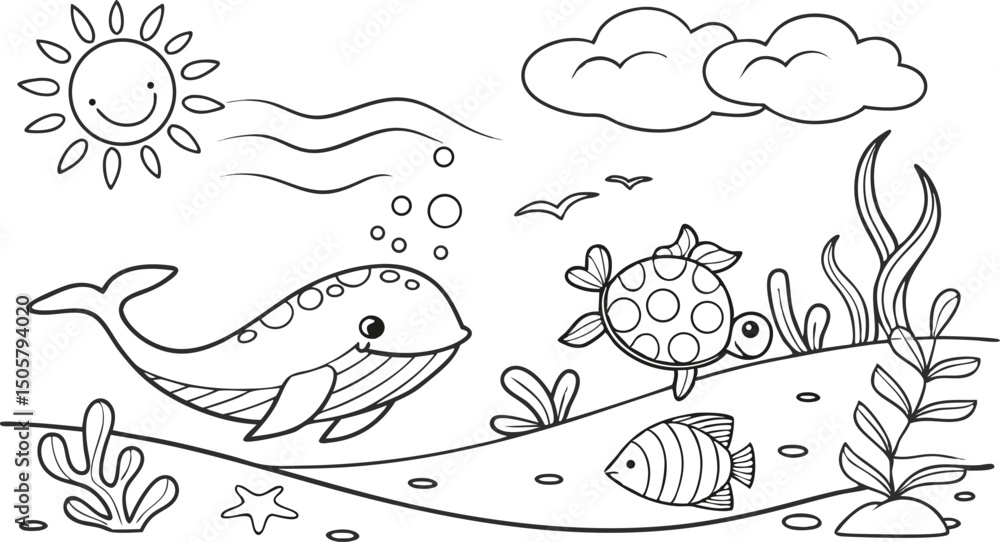 Fototapeta premium Ocean theme coloring page for kids. you can print it on standard paper. High resolution (300 DPI), ready to print on standard With No Bleed, Black and White Vector illustration AI, EPS, PNG, JPEG. 