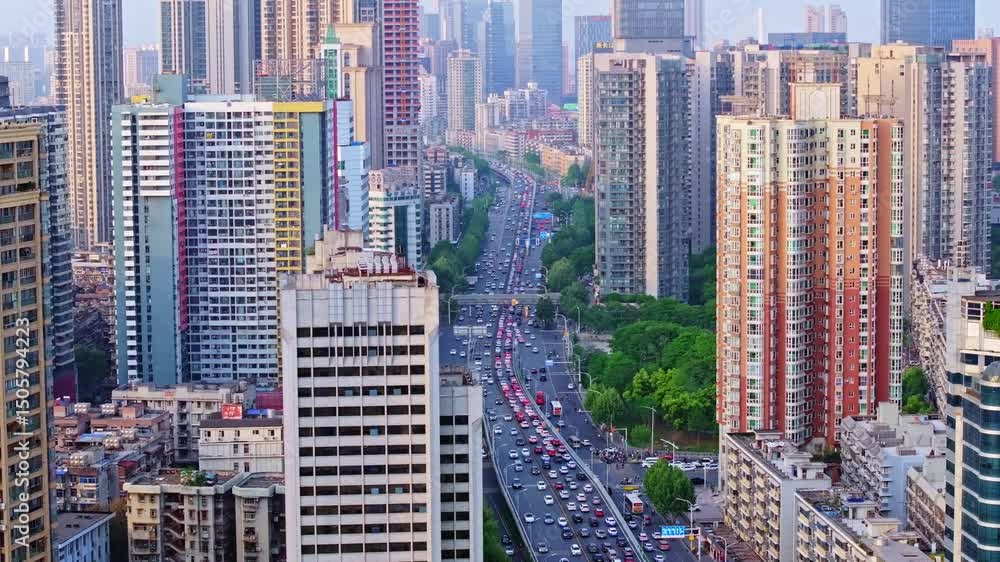 Aerial view of Wuhan China showing traffic and transportation Aerial view of Wuhan China showing traffic and transportation