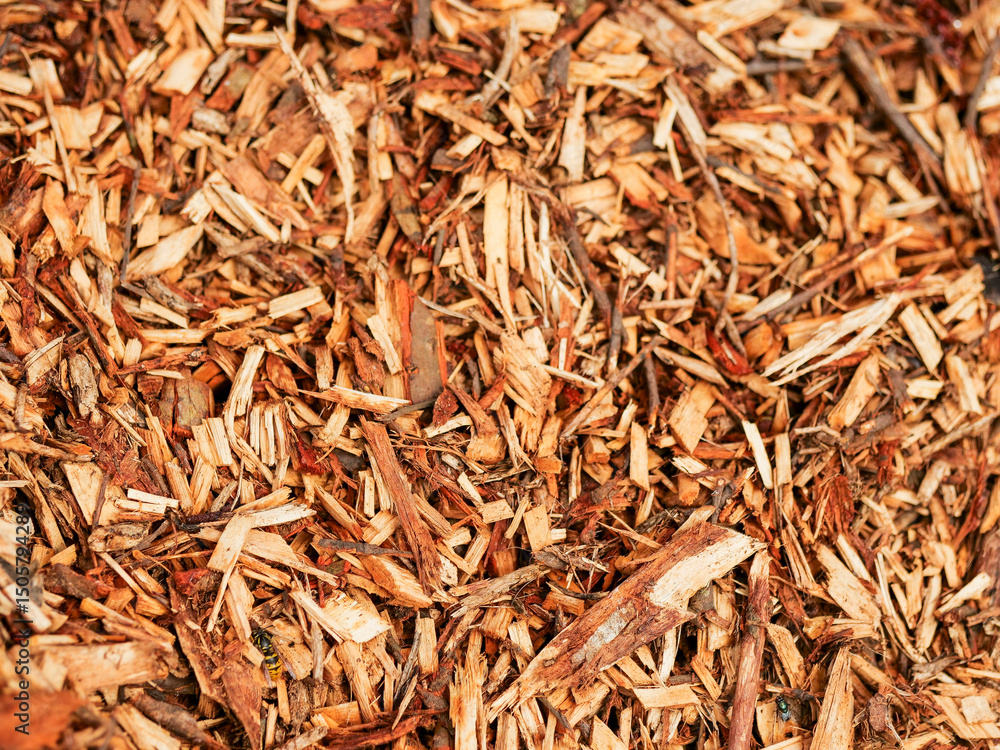 A pile of wood chips is scattered on the ground. Concept of decay and decomposition, as the wood chips are no longer in their original form A pile of wood chips is scattered on the ground. Concept of decay and decomposition, as the wood chips are no longer in their original form