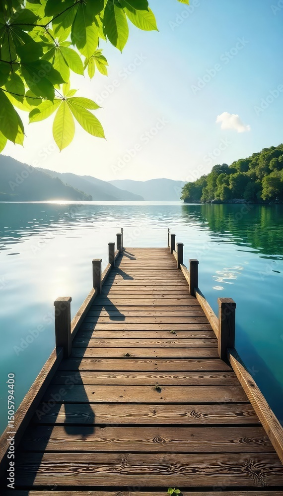 Fototapeta premium Tranquil scene of a wooden dock extending over calm water towards a serene shoreline, bathed in soft sunlight Perfect for travel, nature, or relaxation themes , dock, stillness, sky