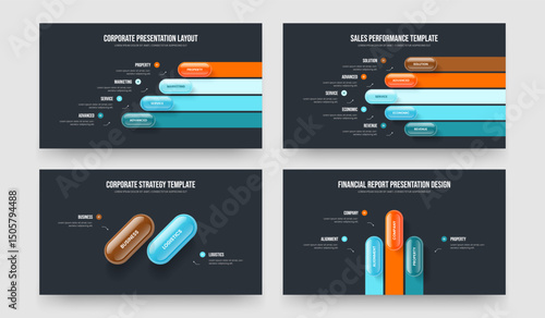 Business Solution 4 5 2 3 Option Infographic Frame Template Collection. Service Launch Four Five Two Three Step Diagram Presentation Layout Vector Illustration Set.