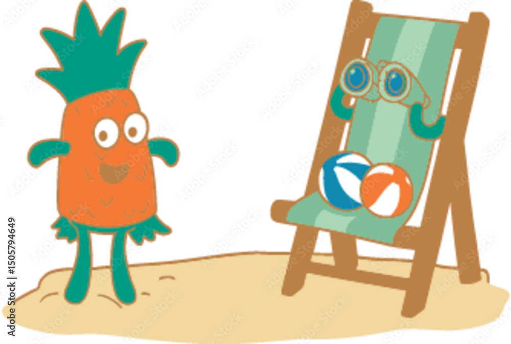 Obraz premium Fun Summer Illustration of Pineapple Character in Beach Chair